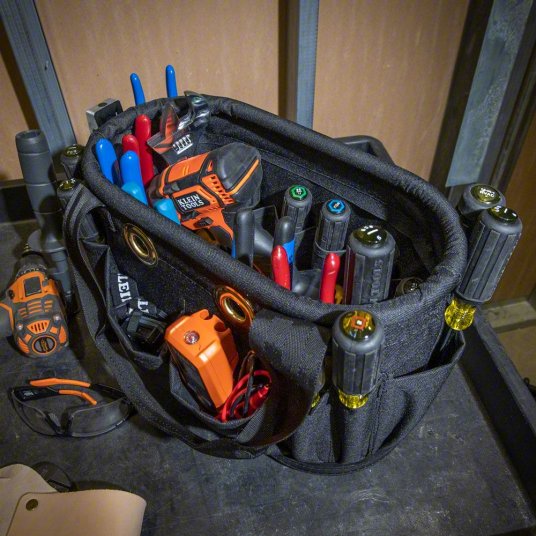 Bucket Bag: 14 in W x 10 in H, Black, Polyester, 29 Pockets, Open Top