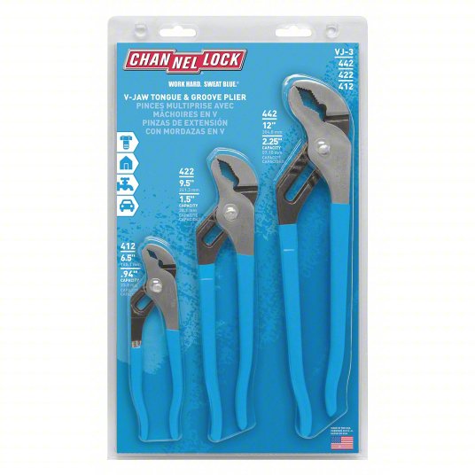 Tongue and Groove Plier Set: V, Self Adjusting, 1 1/2 in_7/8 in_2 1/4 in Max Jaw Opening, Serrated