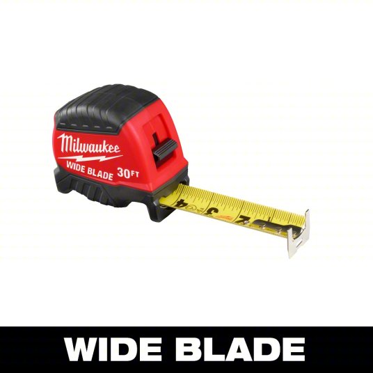 Wide Blade Tape Measure: Inch, Nonmagnetic Single Hook Tip, Metal/Stainless Steel, 1/16 in