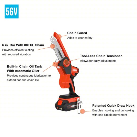 Battery-Powered Chainsaw Kit: 6 in Bar Lg, Auto Chain Oiler, 2.5 Ah Battery Capacity, 56 V