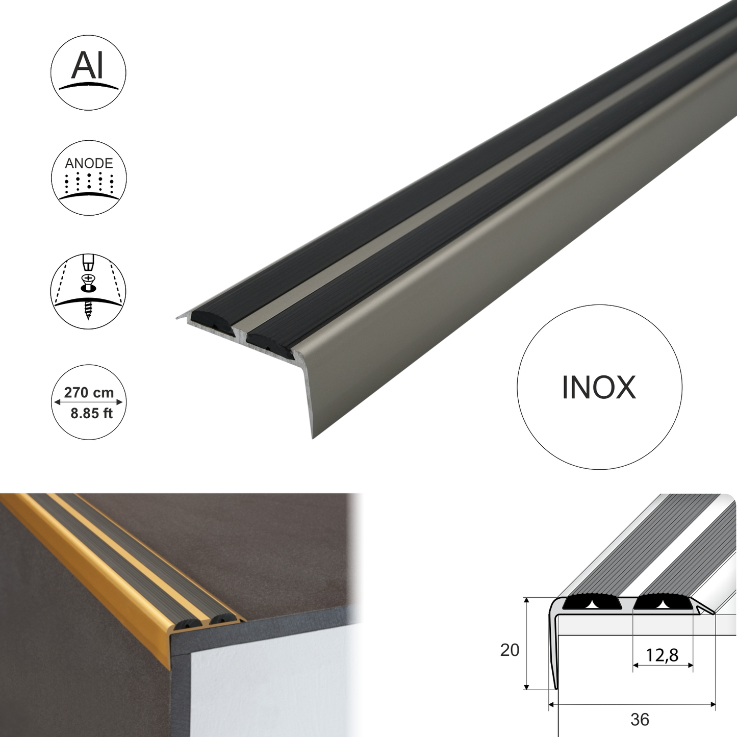 A37 36 x 20mm Anodised Aluminium Non Slip Rubber Stair Nosing Edge Trim With Inserts