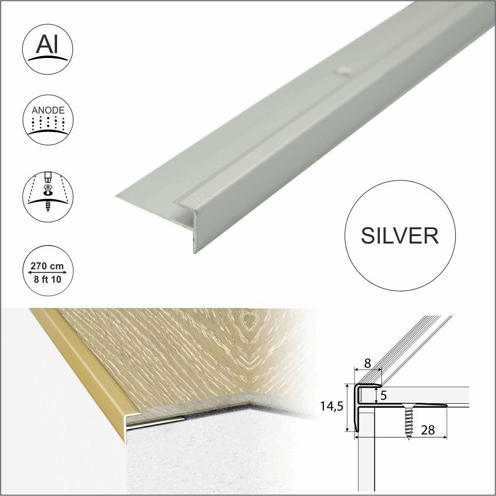 C24 28 x 14.5mm Anodised Aluminium LVT Stair nosing Edge Profile For 5mm Flooring