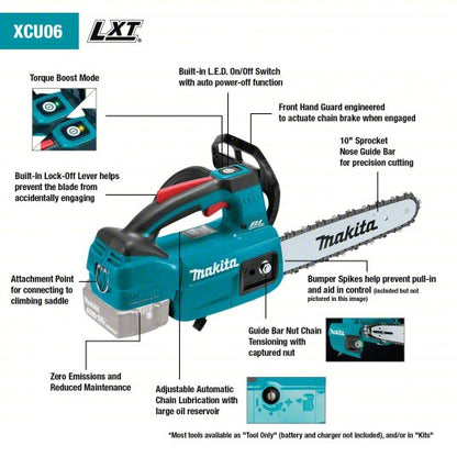 Battery-Powered Chainsaw: 10 in Bar Lg, Top Handle, Adj/Auto Chain Oiler, 18 V, 22 cc