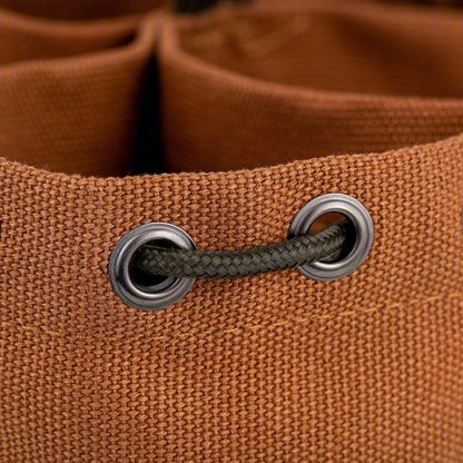 Bucket Bag: 10 in W x 6 1/2 in H x 10 in L, Brown, Canvas, 19 Pockets, Drawstring