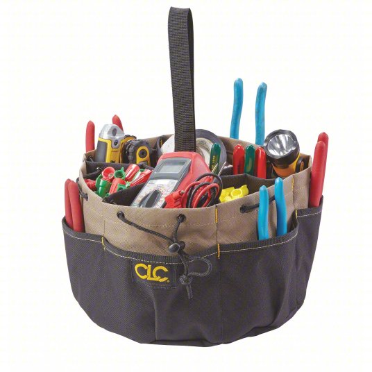 Bucket Bag: 10 in W x 7 in H x 10 in L, Black, Polyester, 18 Pockets, Drawstring