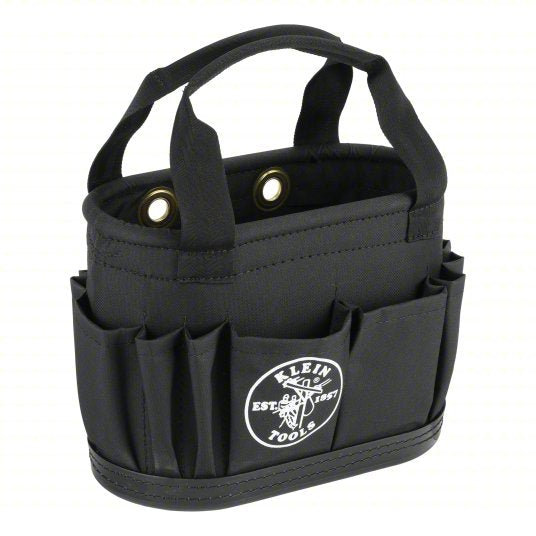 Bucket Bag: 14 in W x 10 in H, Black, Polyester, 29 Pockets, Open Top