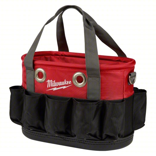 Bucket Bag: 8 1/4 in W x 10 3/8 in H x 14 5/8 in L, Black/Red, Nylon, 24 Pockets, Open Top