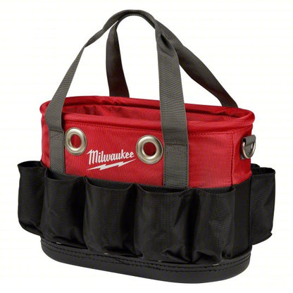Bucket Bag: 8 1/4 in W x 10 3/8 in H x 14 5/8 in L, Black/Red, Nylon, 24 Pockets, Open Top