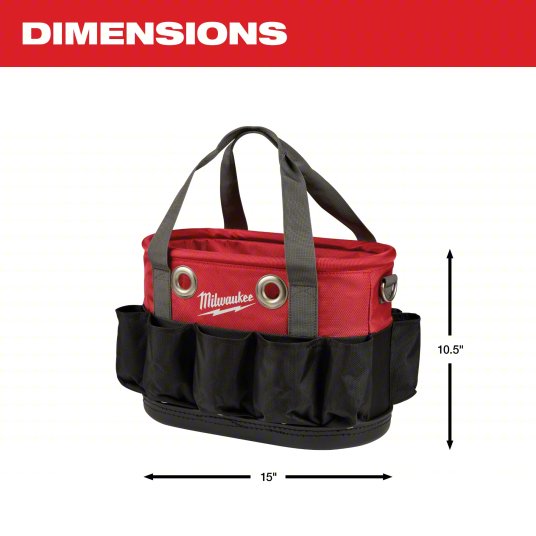 Bucket Bag: 8 1/4 in W x 10 3/8 in H x 14 5/8 in L, Black/Red, Nylon, 24 Pockets, Open Top