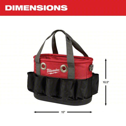 Bucket Bag: 8 1/4 in W x 10 3/8 in H x 14 5/8 in L, Black/Red, Nylon, 24 Pockets, Open Top