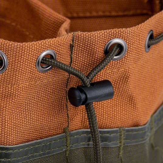 Bucket Bag: 10 in W x 6 1/2 in H x 10 in L, Brown, Canvas, 19 Pockets, Drawstring