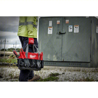 Bucket Bag: 8 1/4 in W x 10 3/8 in H x 14 5/8 in L, Black/Red, Nylon, 24 Pockets, Open Top
