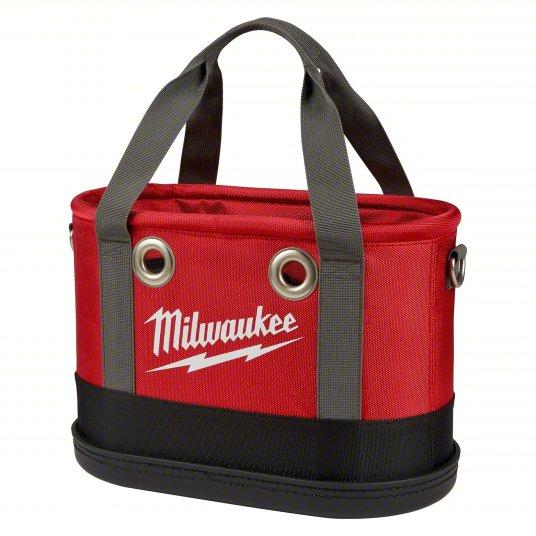 Bucket Bag: 8 1/4 in W x 10 3/8 in H x 14 5/8 in L, Black/Red, Nylon, 14 Pockets, Open Top