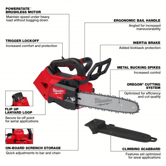 Battery-Powered Chainsaw: 12 in Bar Lg, Top Handle, Auto Chain Oiler, 18 V, 35 cc