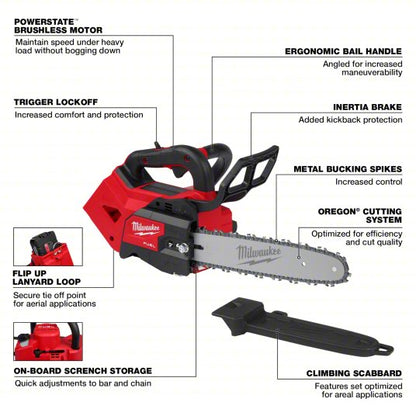 Battery-Powered Chainsaw: 12 in Bar Lg, Top Handle, Auto Chain Oiler, 18 V, 35 cc