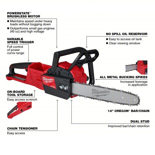 Battery-Powered Chainsaw: 14 in Bar Lg, Rear Handle, Auto Chain Oiler, 18 V, 40 cc