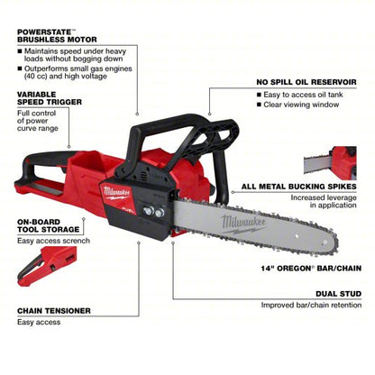 Battery-Powered Chainsaw: 14 in Bar Lg, Rear Handle, Auto Chain Oiler, 18 V, 40 cc