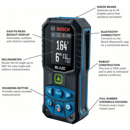Laser Distance Meter: Inch, 6 in – 165 ft, ± 0.0625 in, 3V, Rubber, Bluetooth, Digital, SAE