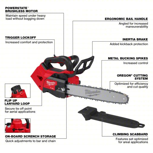 Chainsaw: 14 in Bar Lg, Top Handle, Auto Chain Oiler, 18 V DC, Includes: Tool Only, 35 cc