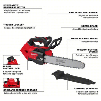 Chainsaw: 14 in Bar Lg, Top Handle, Auto Chain Oiler, 18 V DC, Includes: Tool Only, 35 cc