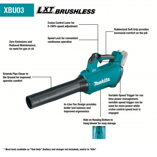 Battery-Powered Handheld Leaf Blower Kit: LXT®, 459 cfm Max. Air Flow, 116 mph Max. Air Speed