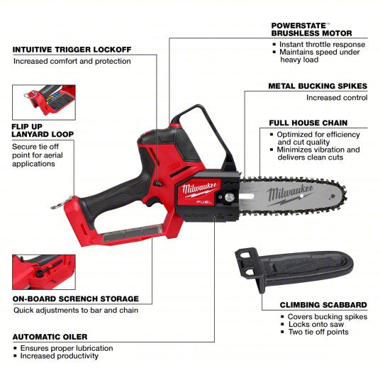 Pruning Saw: 8 in Bar Lg, Top Handle, Auto/Adj/Auto Chain Oiler, 18 V, Includes: Tool Only