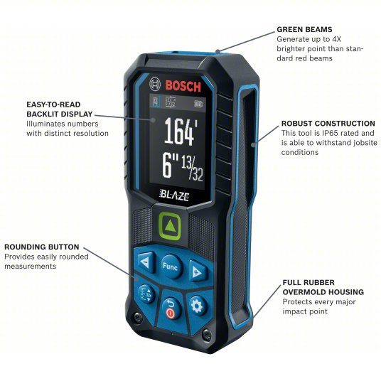 Laser Distance Meter: Inch, 6 in – 165 ft, ± 0.0625 in, AA, Rubber, Digital, Green, SAE