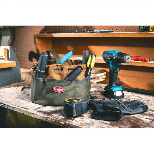 Bucket Bag: 10 in W x 6 1/2 in H x 10 in L, Brown, Canvas, 19 Pockets, Drawstring