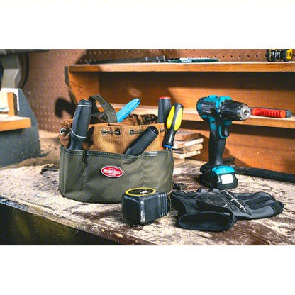 Bucket Bag: 10 in W x 6 1/2 in H x 10 in L, Brown, Canvas, 19 Pockets, Drawstring