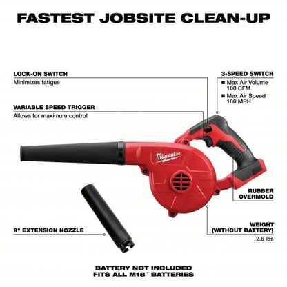 Leaf Blower: M18™, 100 cfm Max. Air Flow, 160 mph Max. Air Speed, 3 Speeds