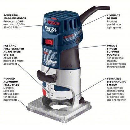 Router: Compact, Fixed Base, 1 hp, Variable Speed, 35,000 RPM, 1/4 in Collet, Palm Grip