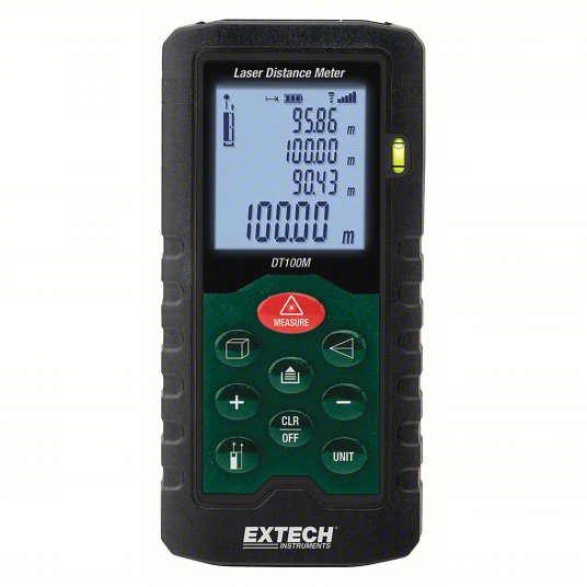 Laser Distance Meter: Inch/Metric, 2 in – 330 ft, ± 0.08 in, AAA, Rubber, LCD, Red