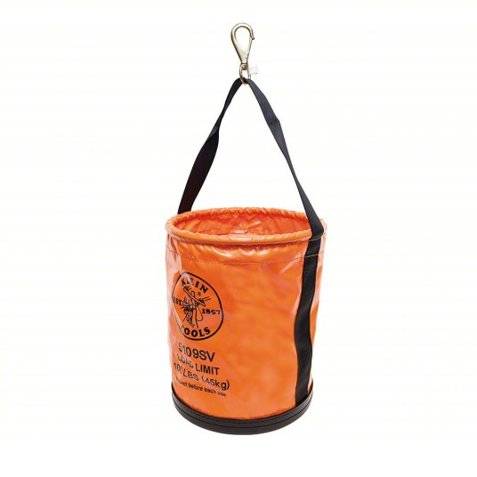 Bucket Bag: 12 in W x 15 in H, Orange, Vinyl, 0 Pockets, Open Top