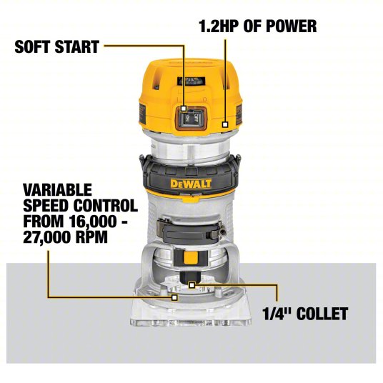 Router: Compact, Fixed and Plunge Base, 1.25 hp, Variable Speed, 27,000 RPM, 1/4 in Collet