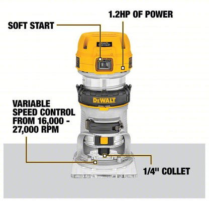 Router: Compact, Fixed and Plunge Base, 1.25 hp, Variable Speed, 27,000 RPM, 1/4 in Collet