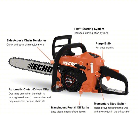 Gas-Powered Chainsaw: 14 in Bar Lg, Rear Handle, Auto Chain Oiler, 1.65 hp Horsepower, 34.4 cc