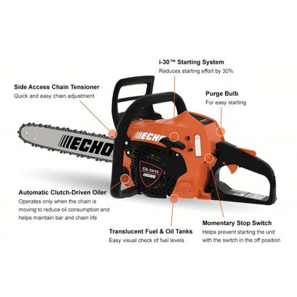 Gas-Powered Chainsaw: 14 in Bar Lg, Rear Handle, Auto Chain Oiler, 1.65 hp Horsepower, 34.4 cc