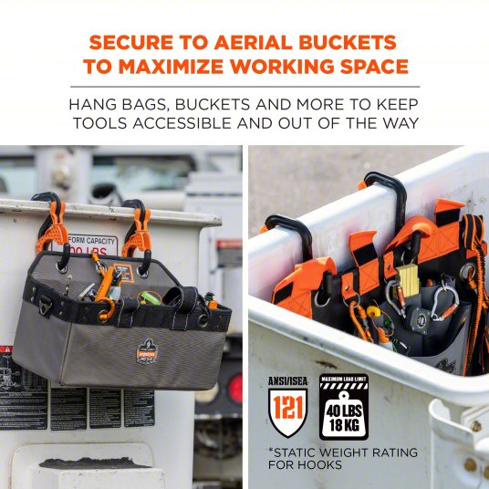 Bucket Hook: 2 in W x 2 3/4 in H x 8 1/2 in L, Black/Orange, Plastic