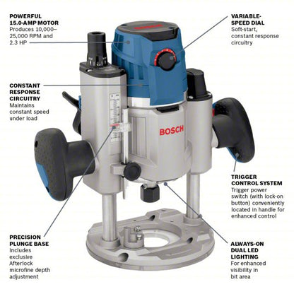 Router: Mid-Size, Plunge Base, 2.3 hp, Variable Speed, 25,000 RPM, 1/2 in Collet, Soft-Start