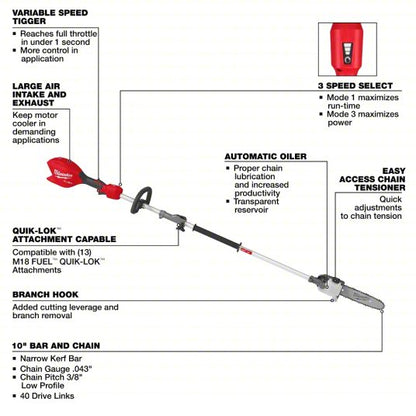Battery-Powered Pole Saw: 10 in Blade Lg, 7 ft to 10 ft Reach, 18 V, Includes: Tool Only