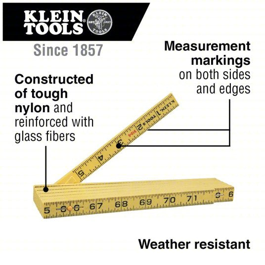 Folding Rule, Inside Reading: 910-6, 6 ft / 1.8 m, 0.28 in Thick, 1/16 in, Black/Red, 4R