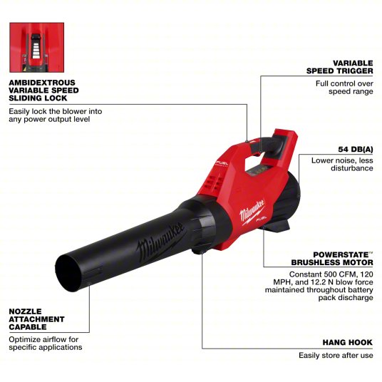 Battery-Powered Handheld Leaf Blower: M18™, 500 cfm Max. Air Flow, 120 mph Max. Air Speed