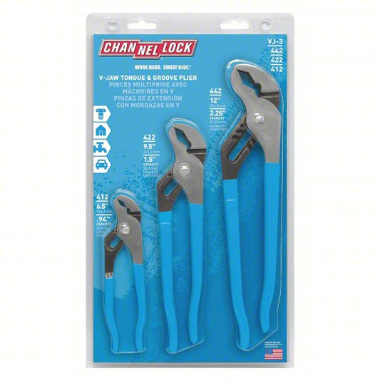Tongue and Groove Plier Set:  V, Self Adjusting, 1 1/2 in_7/8 in_2 1/4 in Max Jaw Opening, Serrated