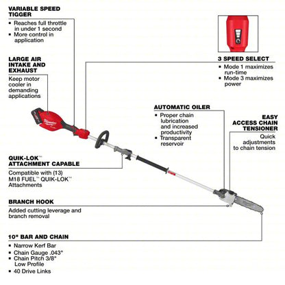 Battery-Powered Pole Saw Kit: 10 in Blade Lg, 7 ft to 10 ft Reach, 8.0 Ah, 18 V