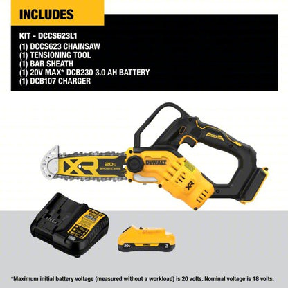 Battery-Powered Chainsaw Kit: 8 in Bar Lg, Rear Handle, Auto Chain Oiler, 20 V