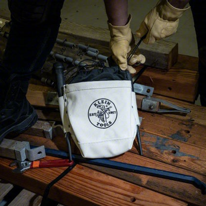 Bucket Bag: 10 in W x 9 in H x 5 in L, Off-White, Canvas, 2 Pockets, Drawstring