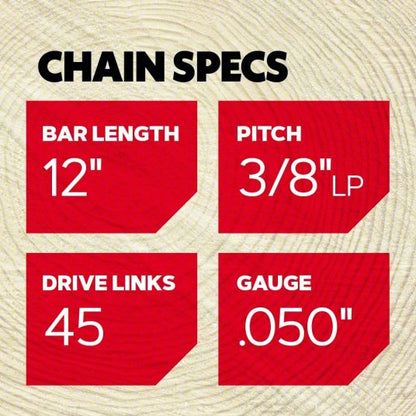 Chainsaw Chain: 12 in Compatible Bar Lg, 3/8 in, 0.05 in Gauge, 45 Links, 5/32 in File Size