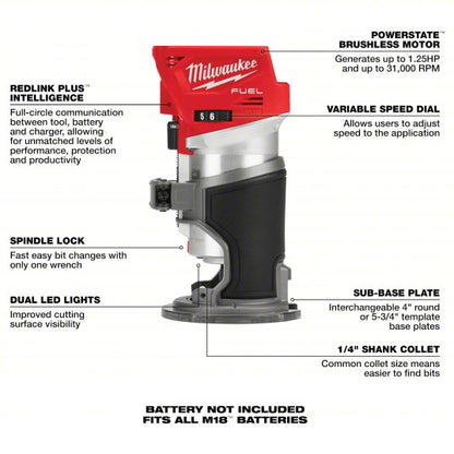 Cordless Compact Router: M18, Bare Tool, Fixed Base, 1.25 hp, 31,000 RPM, 1/4 in Collet