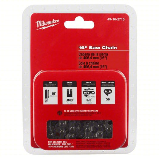 Chainsaw Chain: 16 in Compatible Bar Lg, 3/8 in, 0.04 in Gauge, 56 Links
