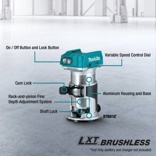 Cordless Compact Router: 18V LXT, Bare Tool, Fixed Base, 30,000 RPM, 1/4 in Collet, Palm Grip